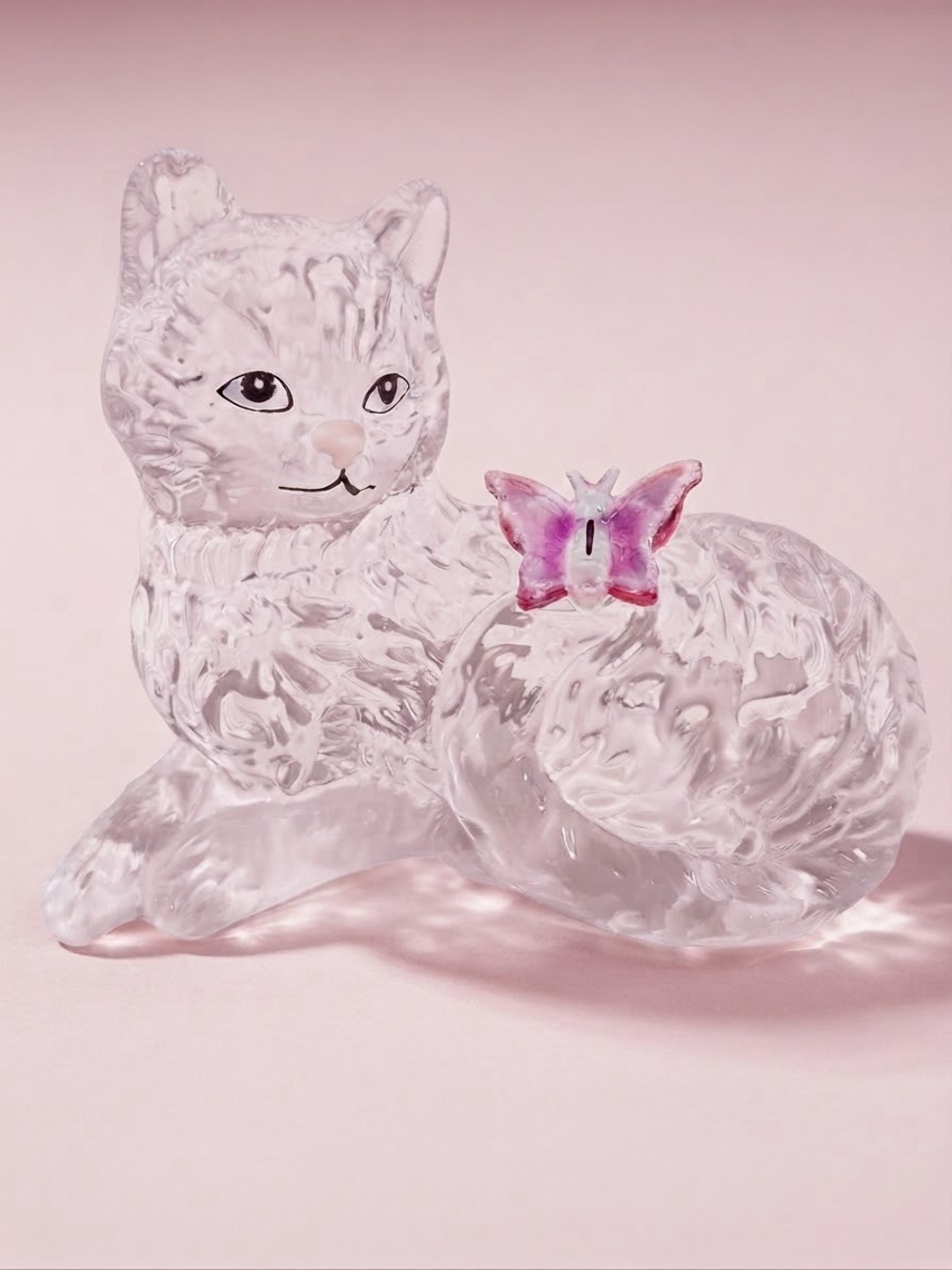 Vintage Clear Glass Cat Figurine with Pink Butterfly Accent - Vintage